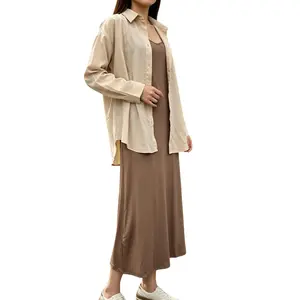 Collared Loose Flowy Long Sleeve Shirt And Solid Cami Dress Commuter Casual Two Piece Set