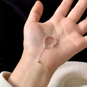 S925 Sterling Silver Double Row Bead Red Rope Ring Handmade Braided Adjustable Ring Simple Style Women's Ring