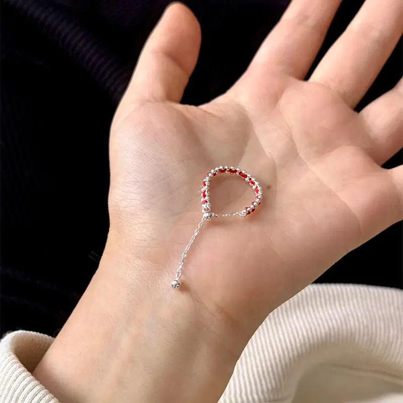S925 Sterling Silver Double Row Bead Red Rope Ring Handmade Braided Adjustable Ring Simple Style Women's Ring