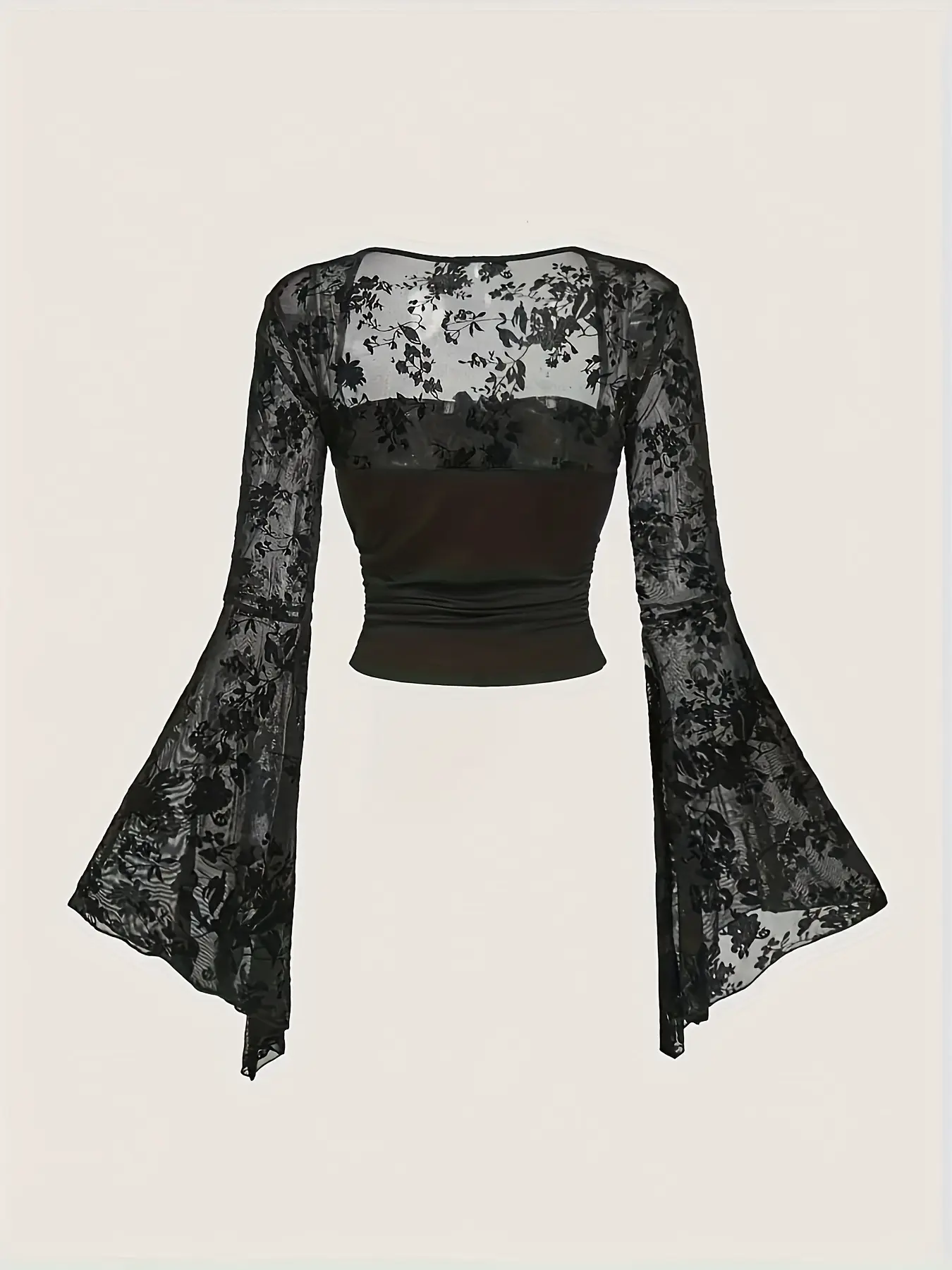 Elegant Lace Bell Sleeve Bowknot Fitted Top Blouse, Casual Classy Elegant, Polyester Blend, Tie Neck, Long Sleeve, Solid Color, Knit Fabric, Women's Fashion