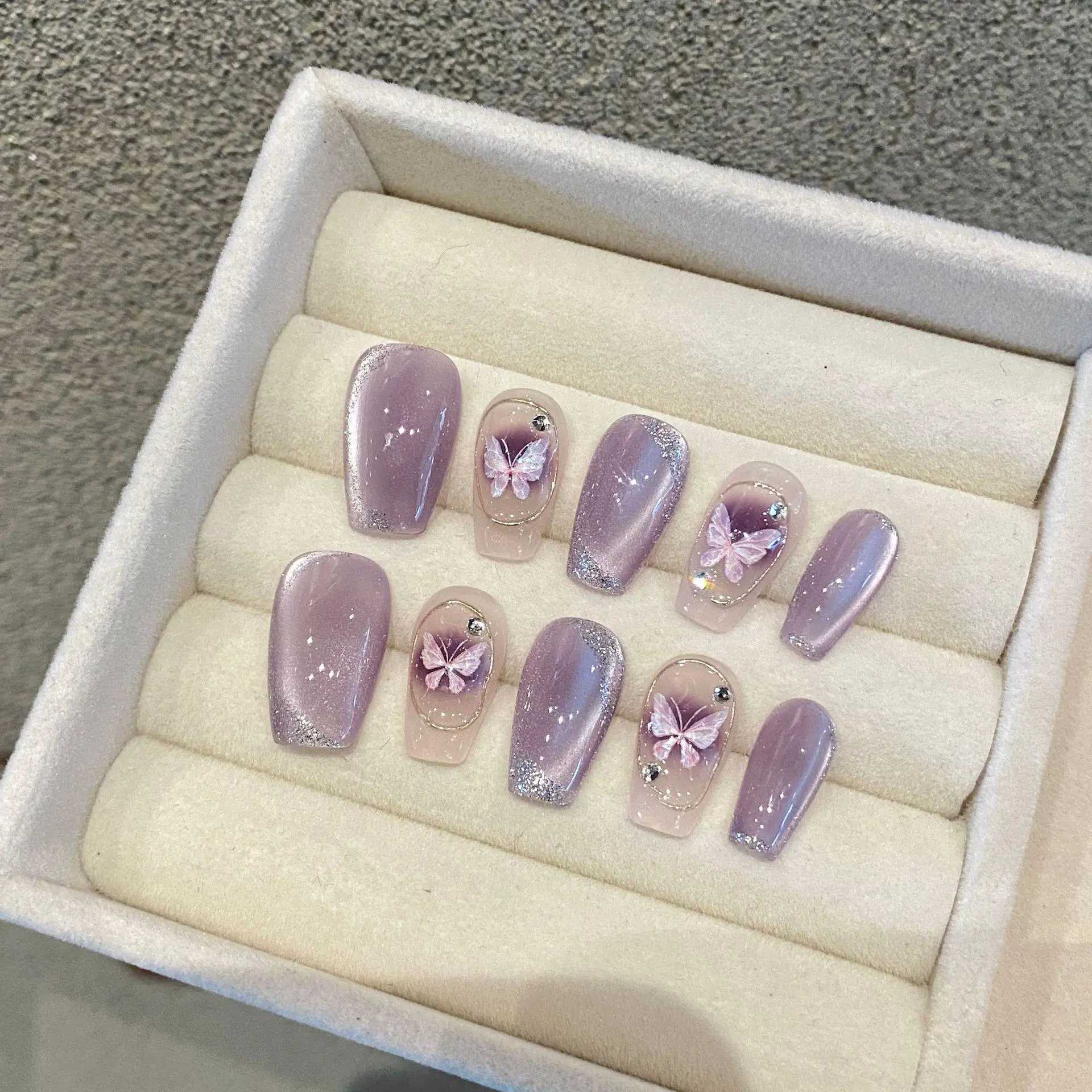 YR 20 Sets Handmade Press on Nails – Selectable Size & Length, Random Assorted Styles, Iridescent Glitter Butterfly & Sparkling Accents, Long Lasting Reusable for Any Occasion