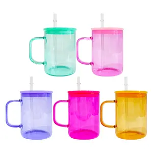 25 Pack USA Warehouse 17oz Jelly Colored Glass Mug With Colorful PP Lid For Hot Chocolate And Coffee-USDM Drinkware Cup