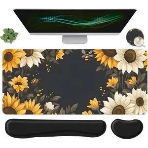 Sunflower & Bee Pattern Mouse Pad Set, Mouse Pad & Keyboard Wrist Rest & Mouse Wrist Rest & Coaster, Waterproof Office Accessories Set, Ergonomic Wrist Support