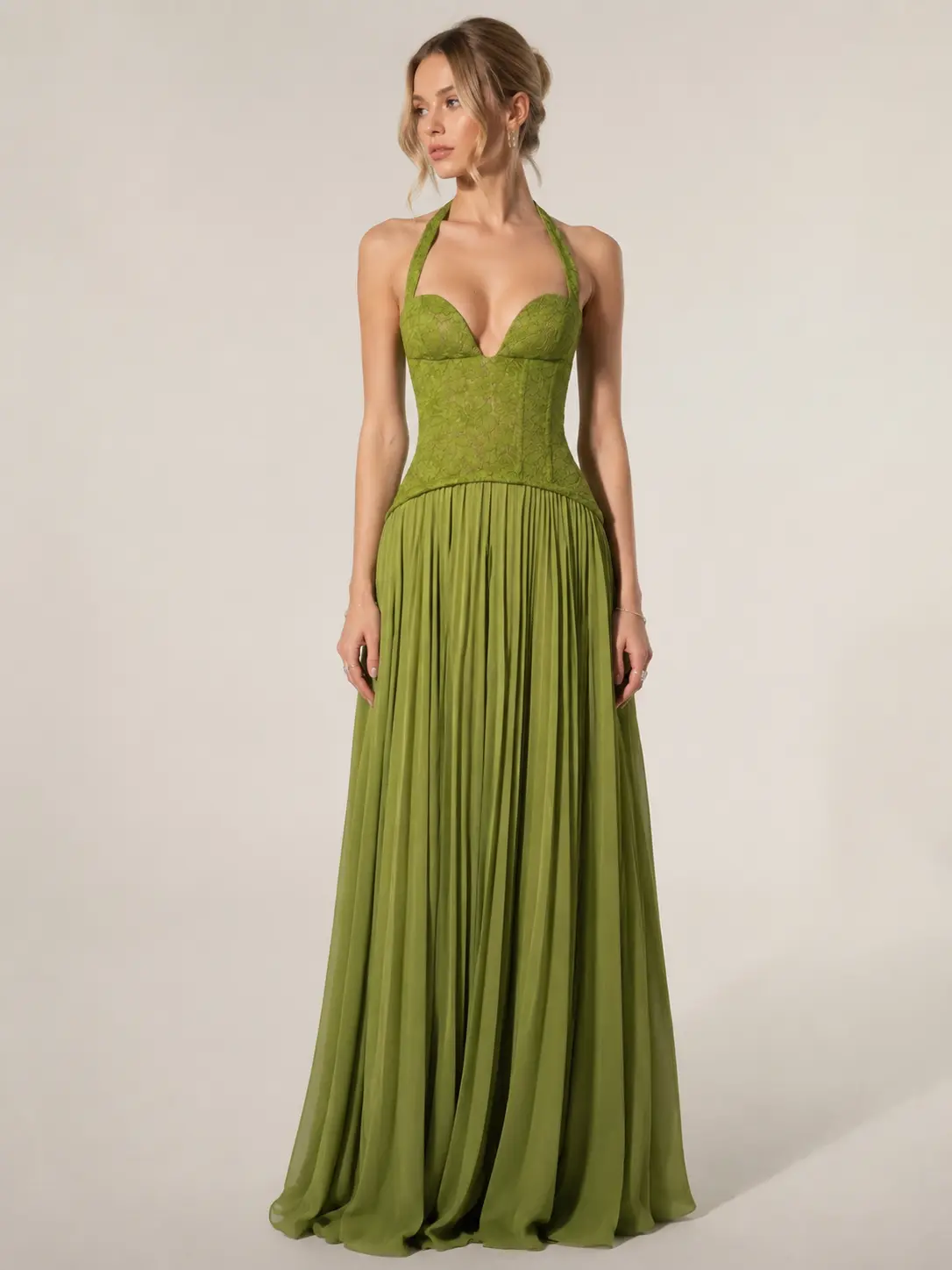 Women's Chic Halter Neck Maxi Dress, Backless Ruched Corset Gown, Pleated Polyester Formal Wear for Wedding Guests