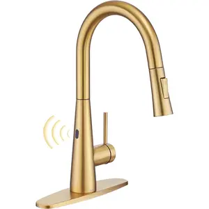 Touchless Kitchen Faucet with Pull Down Sprayer, Modern Stainless Steel Side Sensor Faucet for Sink 3 Hole, Single Handle Kitchen Sink Faucets with Deck Plate, Brushed