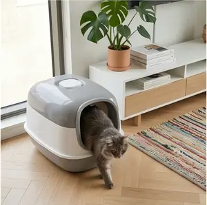 E24 Hooded Cat Litter Box with Lid | Odor Control Large Cat Litter Pan | Modern Enclosed Kitty Litter Box Aesthetic Pet Supplies Enclosed Private Kitty Toilet with Top Vent & Easy Clean Design Modern Grey & White
