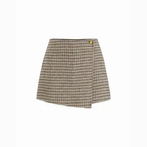 Cider Wool-look Mid Rise Houndstooth Asymmetrical A-line Mini Skort