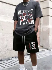 Men's Grey T-Shirt & Drawstring Shorts Set, Y2K Trust God's Plan Swag Faith Print Urban Streetwear 2PC Casual T-Shirt And Drawstring Waist Shorts Set Y2K Style Fashion Pattern Oversized Casual Streetwear Outfit, Summer Daily Wear