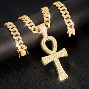Men's Large Egypt Ankh Cross Hip Hop Jewelry Iced Egyptian Gold / Silver plated CZ Bling Charm Pendant & 20" Iced Cuban Chain Necklace Accessory Anniversary Birthday Daily