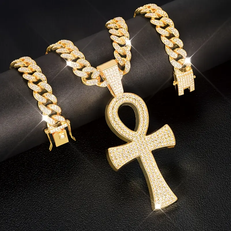 MaxBling81 Men's Hip-Hop Large Egyptian Ankh Cross Pendant Necklace, Iced Gold/Silver-Plated CZ Charm, 20-in Iced Cuban Chain, Costume Jewelry for Anniversary, Daily Wear, Ankh Necklace, Ankh Necklaces, Dangle Chain Necklaces