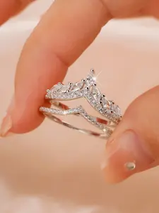 Pair of Women's Ring Set | Elegant and Sensual Artificial Opal V-Shaped Wedding Band Set | Anniversary Party Date Jewelry | Valentine's Day Gift High-End Jewelry Present