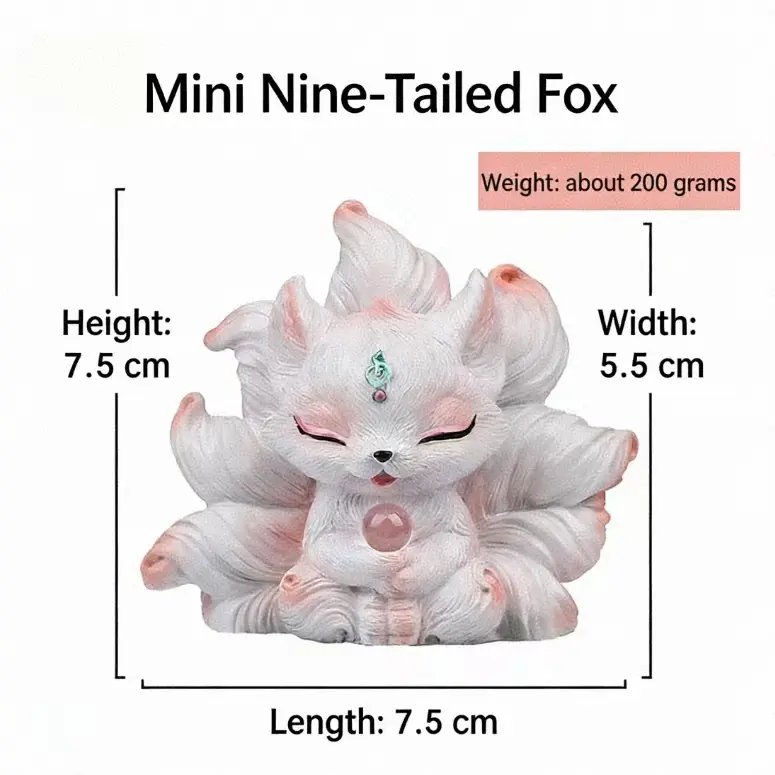 This cute nine-tailed fox figurine serves as a charming desktop ornament, adding a whimsical touch to your workspace or living area.