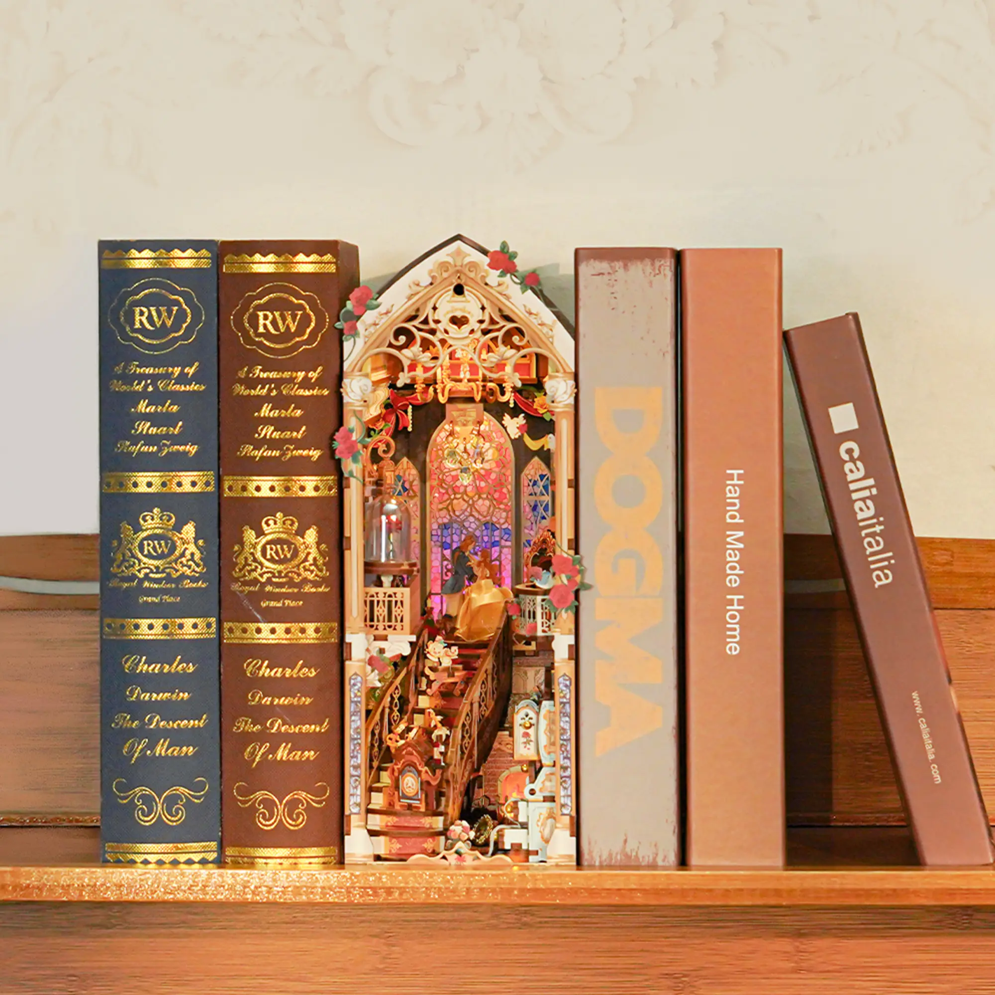 Tonecheer Adult DIY 3D Wooden Puzzle Book Nook Kit, Miniature Furniture Bookend with Dust Cover & LED Lights, Easy Craft for Bookshelf Decor, Whimsical Gift (Beast and Beauty)