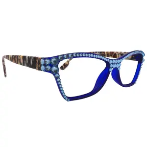 Avian, (Bling) Women Reading Glasses w (Full TOP) (Aquamarine) Genuine European Crystals,  Cat Eye ( w Leopard ) NY Fifth Avenue. Lightweight