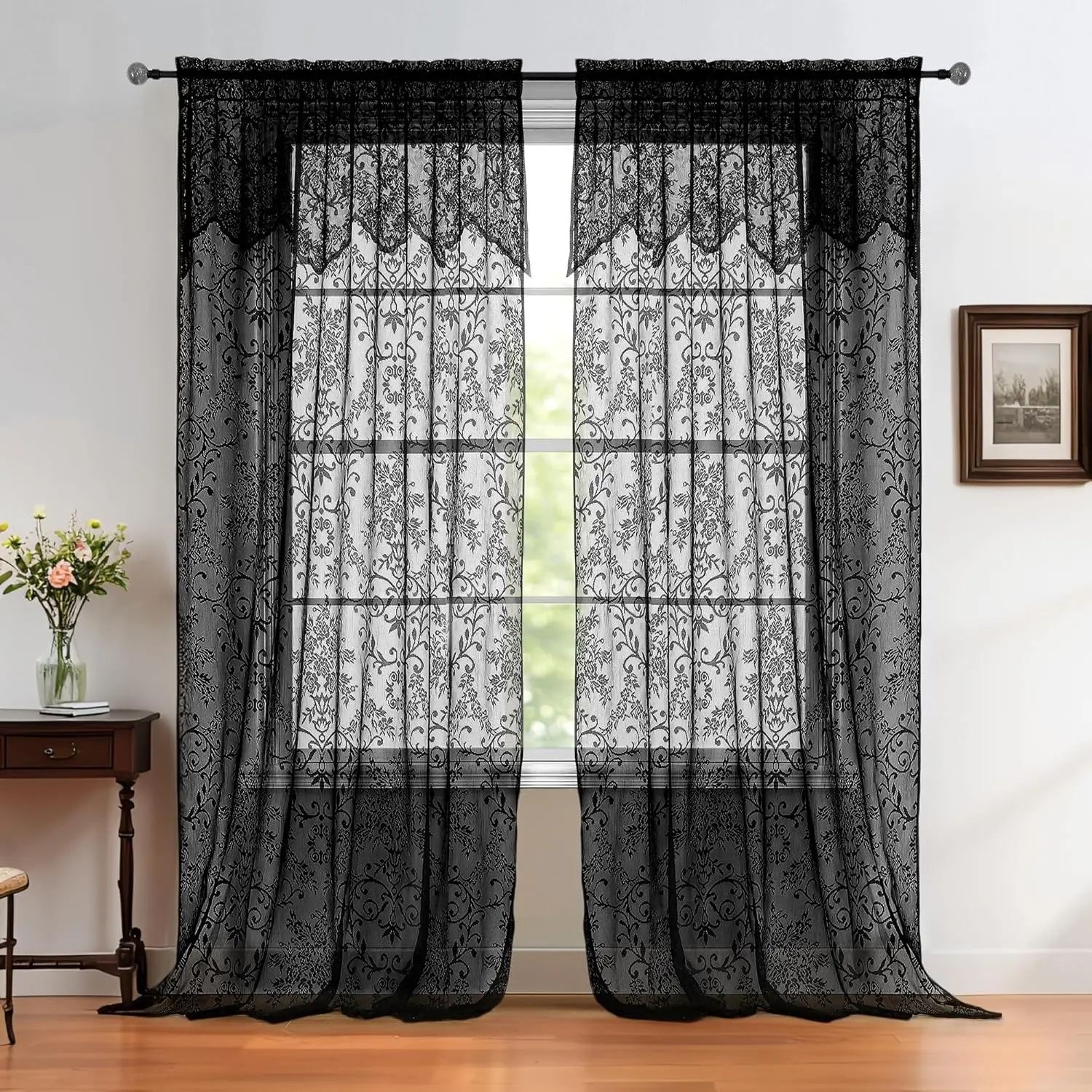 Black Lace Curtains with Attached Valance, Victorian  Black Sheer Curtain for Halloween Witchy Room Decor Gothic Floral Embroidered Curtains for Living Room Bedroom, 60" W x 72" L