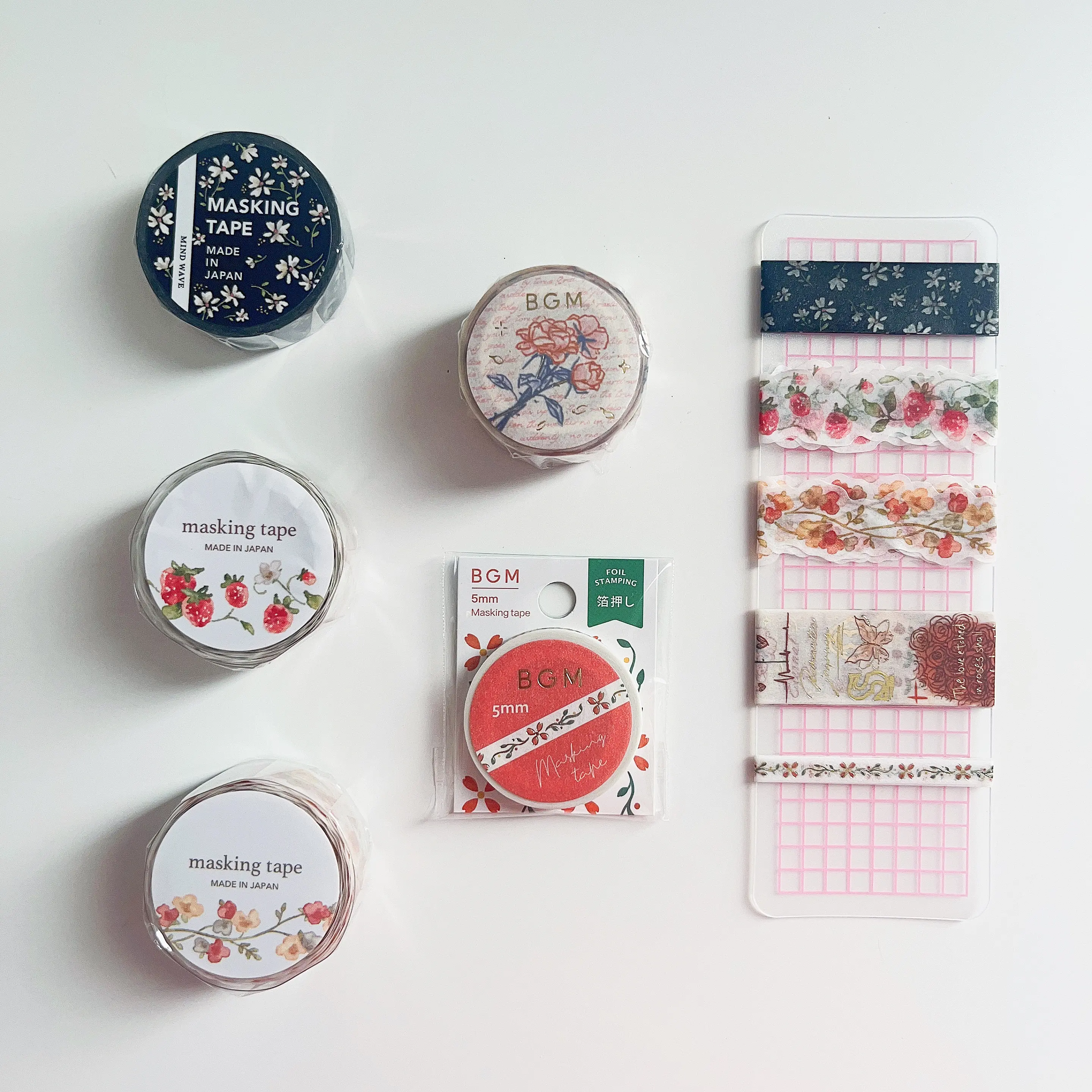 Japanese Washi Tape – BGM & Mind Wave Decorative Masking Tapes, Floral, Strawberry, Retro Pattern, Scrapbooking & Journaling Supplies