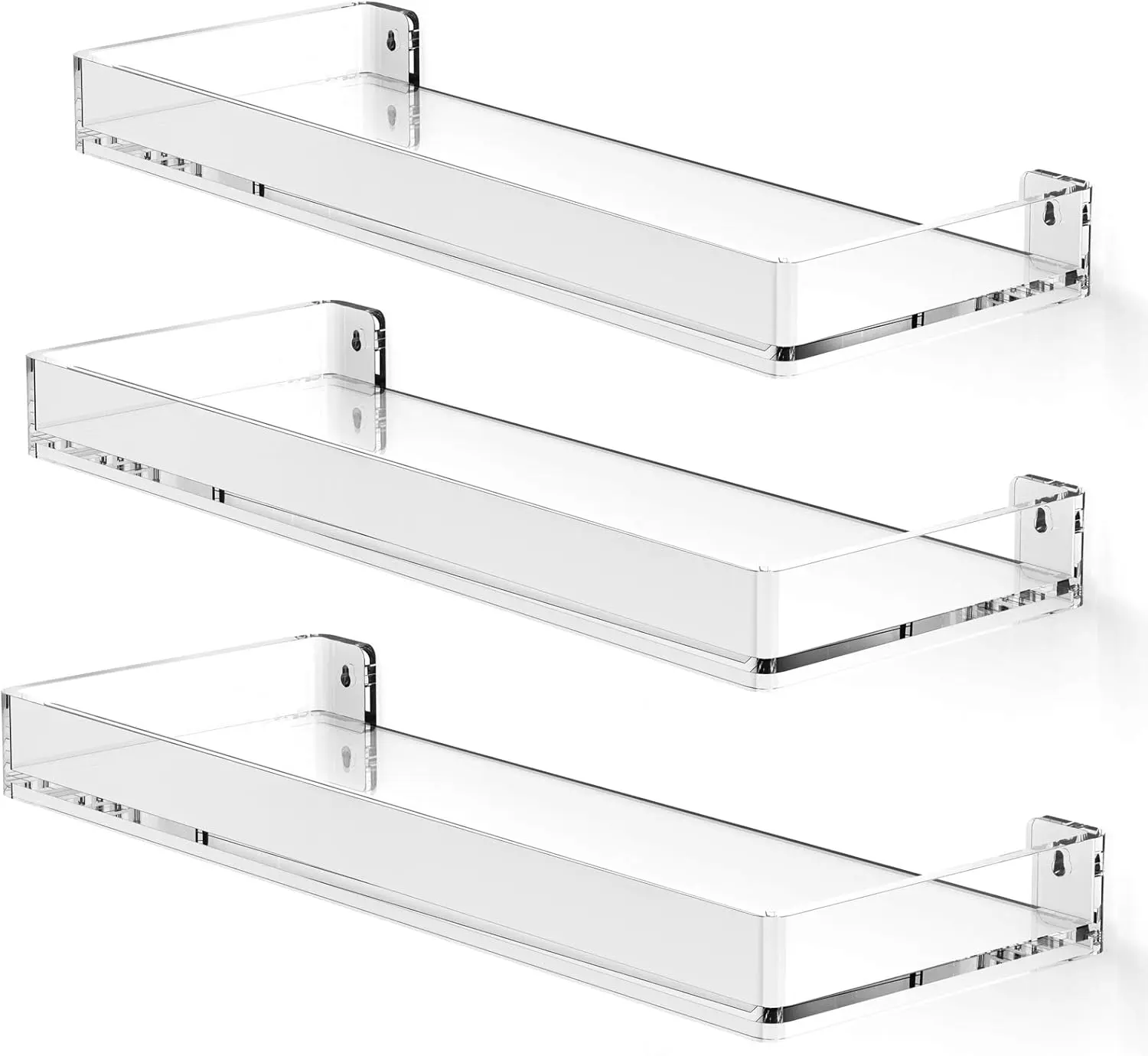 MaxGear Acrylic Clear Edge Floating Shelves - Wall-Mounted Space-Saving Storage Organizer, Pre-Drilled for Easy Installation, Multi-Room Decoration Shelf Set of 3 (Bathroom, Bedroom Use)