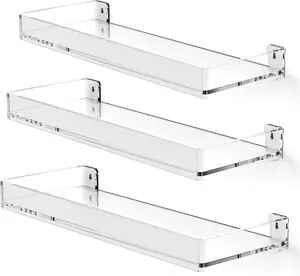MaxGear Acrylic Clear Floating Shelves with Edge, Wall Mounted Hanging Bookshelves, Decorative Display Wall Shelves Storage Organizer for Bathroom, Bedroom, Kitchen, Easy Installation, Set of 3