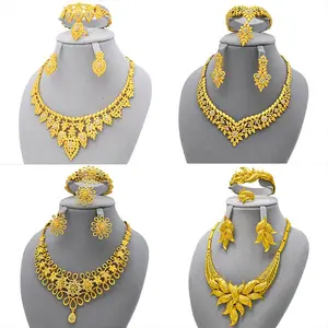 Luxury Dubai 24k Gold Color Jewelry Sets For Women Indian Ethiopian Bridal Flower Design Necklace And Earrings Set Wedding
