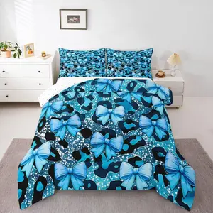 Bowknot Comforter Set Leopard Bedding Set for Kids Boys Girls Blue Bow Cheetah Duvet Quilt Bedroom Decor Microfiber