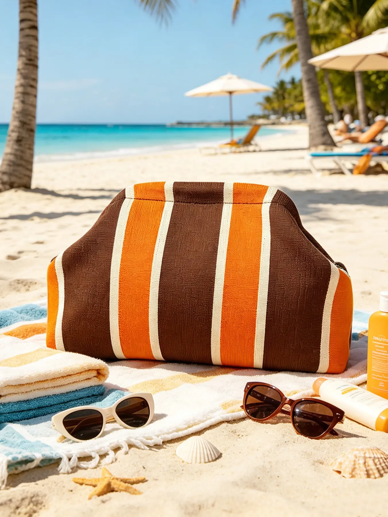 Women's Vintage Striped Knit Cloud Handbag, Large Capacity Makeup Bag, Foldable Wrist Strap, Ideal for Travel, Beach and Summer