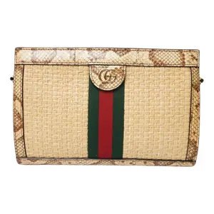 Pre-owned GUCCI raffia Clutches & Wristlets Elaphe GG Small Ophidia Chain Shoulder Bag Natural Cream
