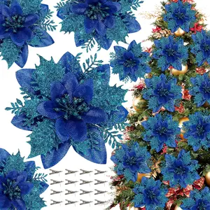 16 count Poinsettia Flower Artificial Poinsettia with Clips Christmas Decor Glitter Poinsettia Christmas Ornaments Christmas Tree Flower Decorations with Stems DIY Xmas Wreath Holiday  Party Decor