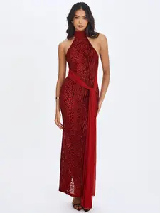 Cerise Scarlet Burnout Velvet Multiwear Mesh Ribbon Maxi Dress