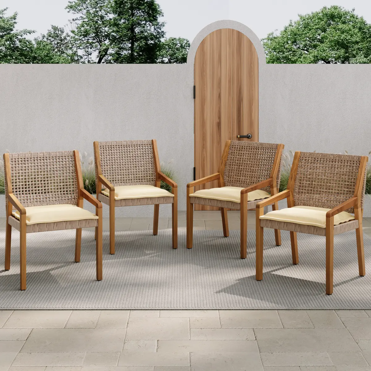 Set of 4 Coastal Chic Wood Outdoor Dining Chairs - Brown-Mix Acacia Wood, Brown Wicker, Cream Cushioned Seat, Curved Arms, Teak Finish, 23.5"l x 21.25"w x 32"h, 67.90 lbs, for Campfire/BBQ Party, Balcony (N770P272397G (2-box)), Friends, Family, Garden