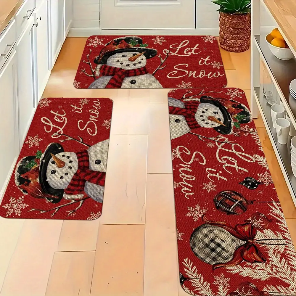 2/3pcs, Christmas Set Mat, Let It Snow Snow Snowman Lights Christmas Decoration Kitchen Mat, Low-key Kitchen Mat for Family Gatherings