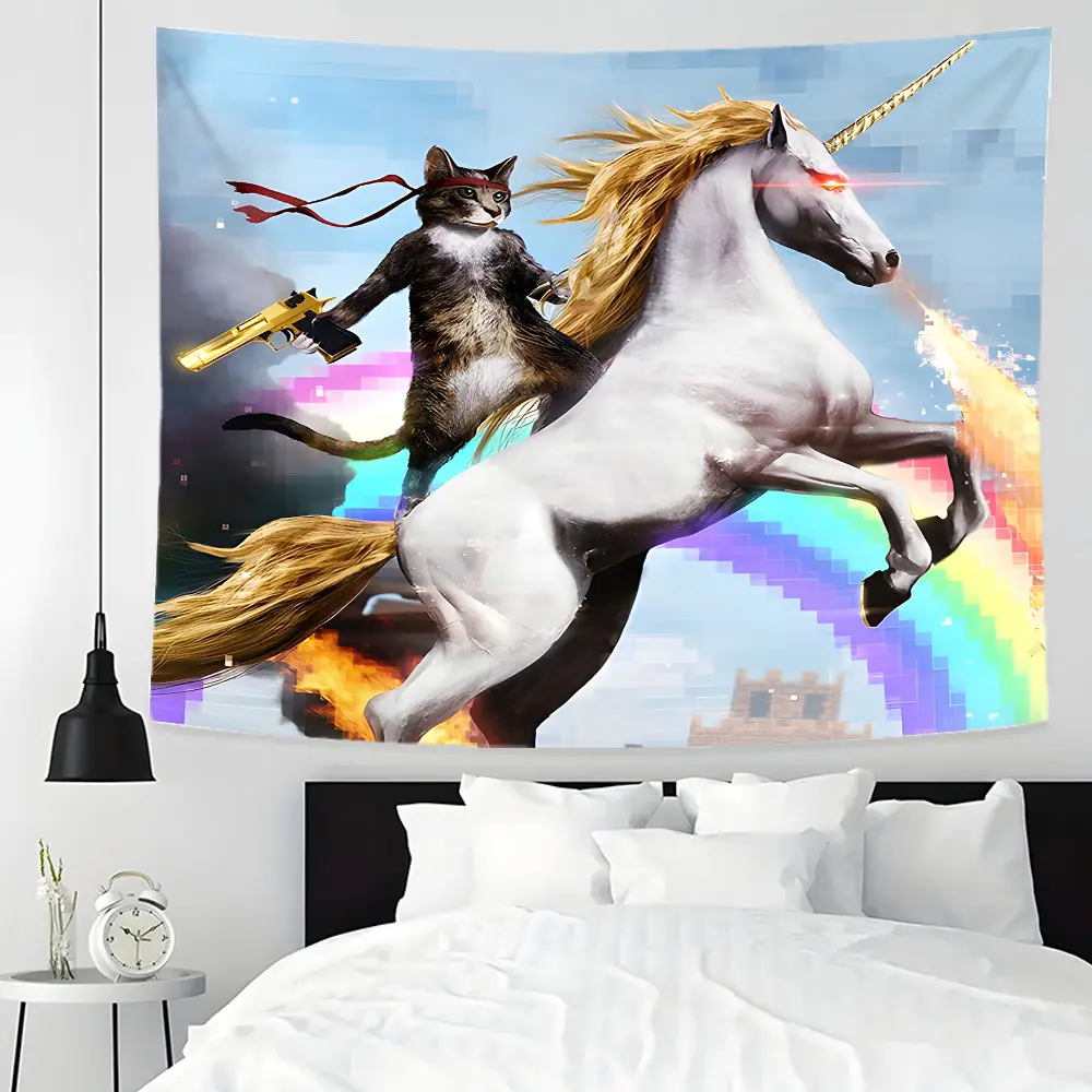 Unicorn & Ninja Cat Action Design Large Tapestry Wall Hanging, Multiple Sizes Polyester Fabric for Wall Decoration, Easy to Clean and Maintain. Soft and Durable Material, Suitable for Living rooms, Bedrooms, Homes and Parties Great Gift for Family