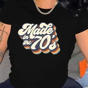 Women's Letter Print Short Sleeve Crewneck crew neck  T-shirt, Vintage Graphic Tees, Summer Streetwear Fitted Tshirt for Women, Back To School Outfits for Fall, Casual Round Neck Tee, Fall T Shirts for Women Top Womenswear