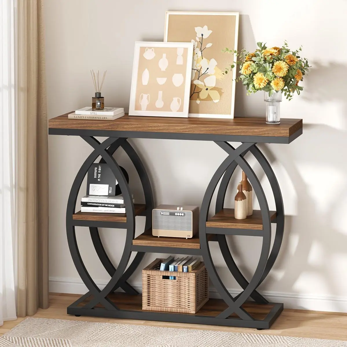 39-Inch Holiday-Themed Console Table, 4-Tier Sofa Side Table with Storage Shelves, Narrow Wood And Metal Frame Decorative Table, Suitable for Small Spaces, Hallway, Entryway, And Christmas