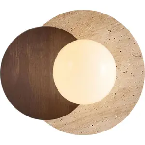 Marble Wall Lamp, Bathroom Vanity Light Fixtures, Wall Mount Lamp, Over Mirror, Stone Wall Sconces, Vintage Wall Light with Wood and Stone Shade, for Porch Workshop Kitchen Living Room