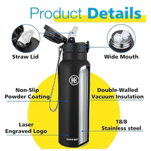 Han's Bottle Botella de agua deportiva de 24 onzas, tapa con pajilla, a prueba de fugas, acero inoxidable aislado al vacío, doble pared, taza térmica, rubor
