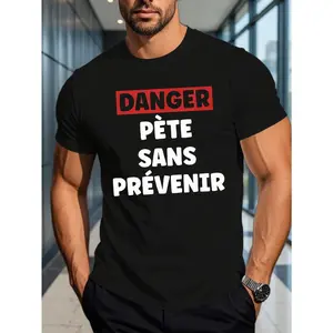 Men's Fun French Humor Graphic T-Shirt - "Danger, I'm French" Slogan and Geometric Print, Bright Blue Casual Summer Top, Lightweight Breathable Crew Neck, Machine Washable Fit Style, Comfortable Wear graphic tee graphic t shirts t shirts for men