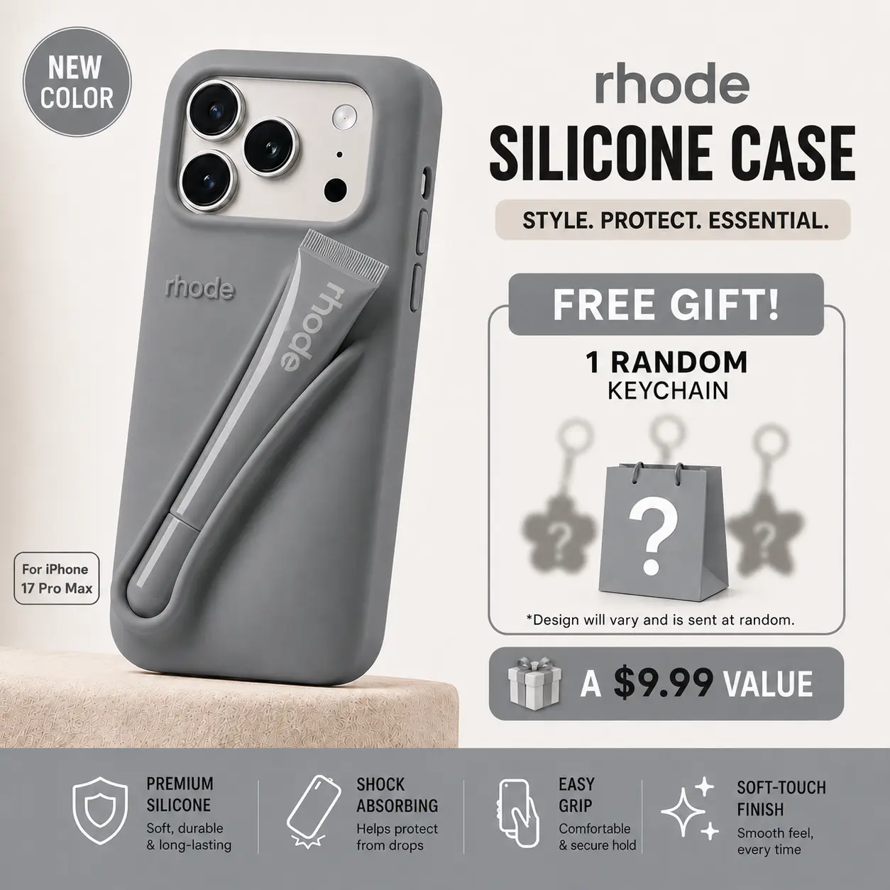 RHODE Everyday Makeup Carry Phone Case for iPhone 11 12 13 14 15 16 17 Pro Max, Shockproof Silicone Protective Cover with Lip Gloss Holder