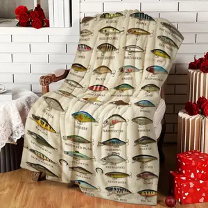 1Pc Fishing Lure Pattern Blanket - Soft Flannel All-Season Bedspread With Fishing Lure Types (Trout, Bass, Pike, Salmon, Walleye, Perch, Carp, Catfish, Eel) - Ideal For Anglers, For Man Cave, Cabin, Living Room Decor - Perfect Gift For Fishing Fans - Cont