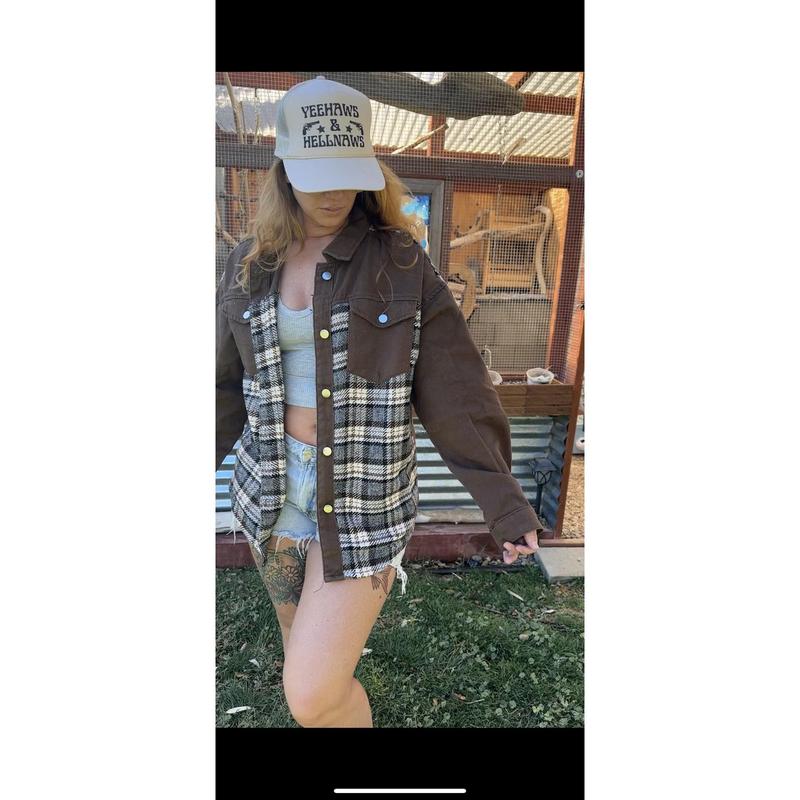 Brown Plaid Patchwork Denim Jacket