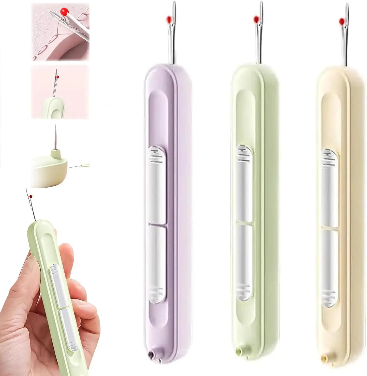 3Pcs Upgraded 2 in 1 Automatic Needle Threaders Seam Ripper, Quilting Supplies Sewing Kit,Quick Sewing Machine Loop Needle Threaders (Purple/Green/Yellow)
