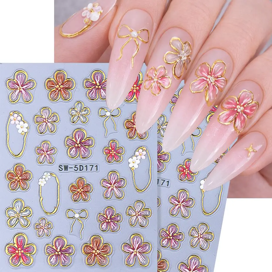 1/2pcs Embossed Flowers Nail Stickers 5D Lily Petals Gold Line French Design Nail Decals Self Adhesive Slider DIY Manicure Decor