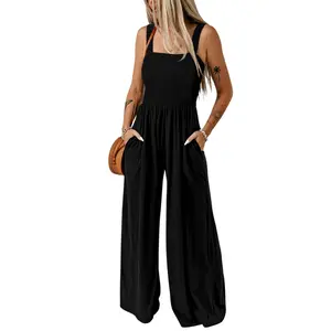 Asvivid Women's Smocked Sleeveless Wide Leg Jumpsuit with Pockets Overalls wear Casual Jumpsuits Rompers