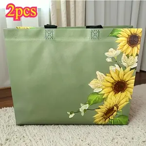 3pcs Green Sunflower Design Non-Woven Tote Bags, Woven Polypropylene Shopping Bags, Party Gift Bags, Suitable for Weddings, Birthdays, Crafts, Party Supplies, and Decorations
