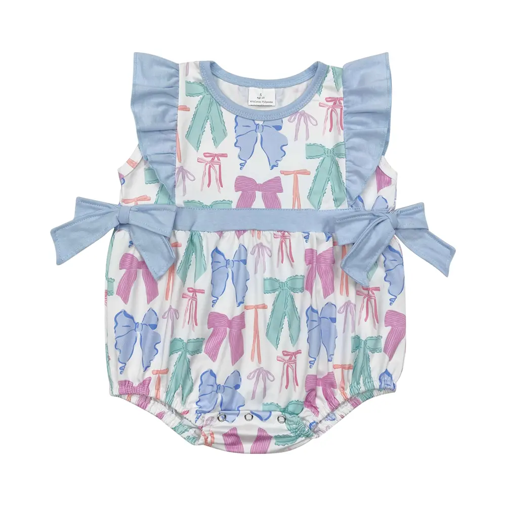 Baby Girl's Sweet Summer Romper with Ruffles & Bows, Sleeveless Cute Print Baby Clothing, Soft Breathable Outfit for the Beach, Clothes, Casual, Soft Fabric, Bow Print, Bow-Detail, 3-6M, 0-3M, Easy Change