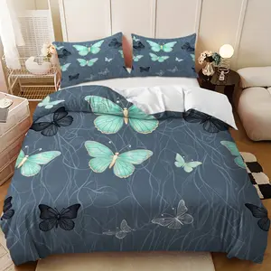 3-piece bedding set - Springtime cheerful blue-green-grey butterfly design down comforter set (1 duvet cover + 2 pillowcases, filling not included). A perfect gift for family and friends, soft and comfortable, suitable for family bedrooms and guest rooms.