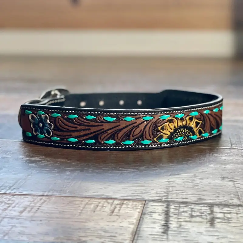 Scenic Sunflower Hand-Tooled Padded Leather Dog Collar, Durable Dog Accessories for Canine Companions