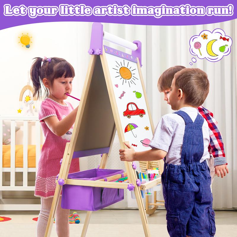 【Kids Gifts】Art Easel for Kids,Adjustable Wooden Kids Art Easel with Paper Roll,Double-Sided Magnetic Toddler Easels,Dry Erase Whiteboard and Chalk Board,Toys for 3 4 5 6 7 8 9 10 Year Old Girl Boy Gift