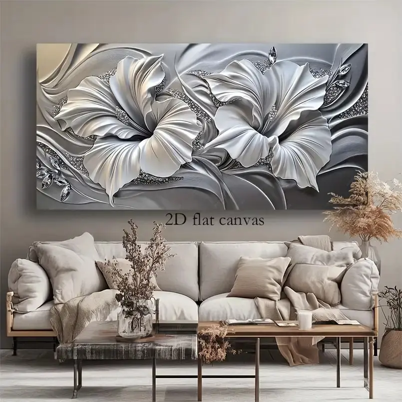 2D Flat Framed Silver Floral Abstract Pattern Print Canvas Wall Art, High-Quality Floral Boho Print Decoration for Living Room Bedroom Accent Wall Home Inspo Landscape
