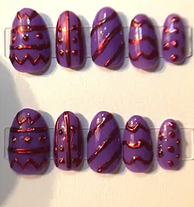 UV Reactive Neon Almond Press-On Nails - Easter Egg Design, Silver Chrome Art, Light-Activated Glow, Extra Small Size, Zigzags, Stripes, Palette, Application Kit Included