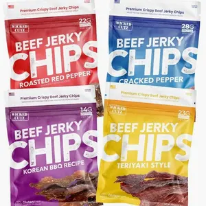 Wicked Cutz Jerky Chips Variety Pack, Up to 28g Protein Per Bag, Cracked Pepper, Teriyaki, Roasted Red Pepper, & Korean BBQ Flavored Beef Jerky Crisps, USA Made High Protein Carnivore Snacks (4 Bags)